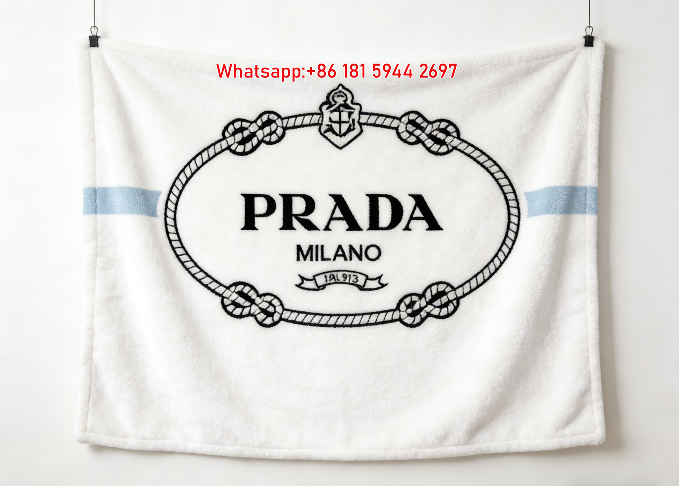 Prada Elegant Rope Knot Logo White And Light Blue Flannel Throw Blanket IMG_2731